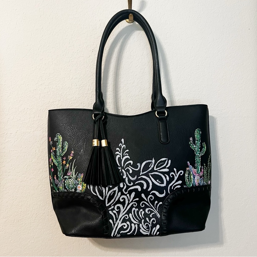 Custom Painted Cactus and Swirl Black Vegan Leather Shoulder Bag